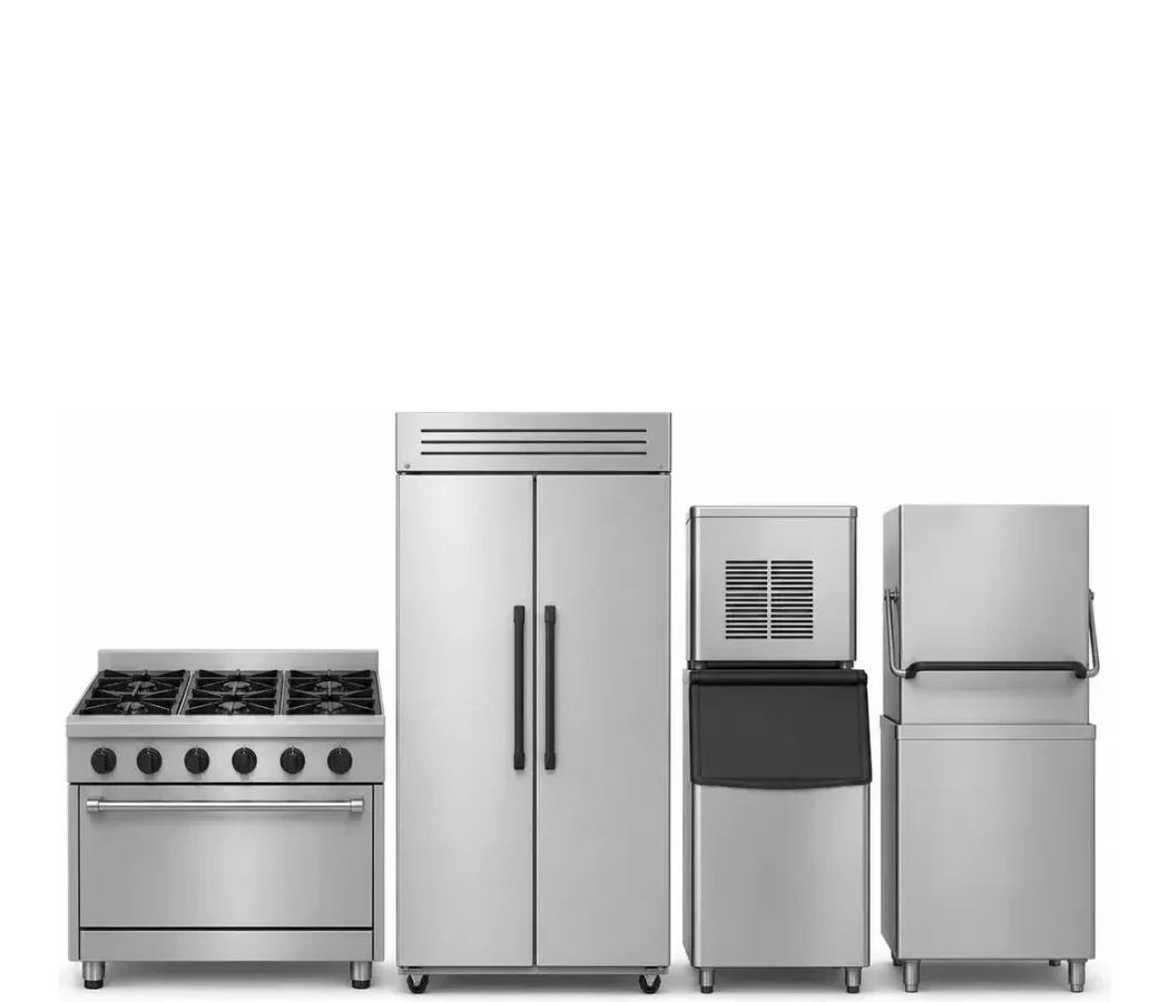 Commercial range, reach-in refrigerator, ice machine and dish machine