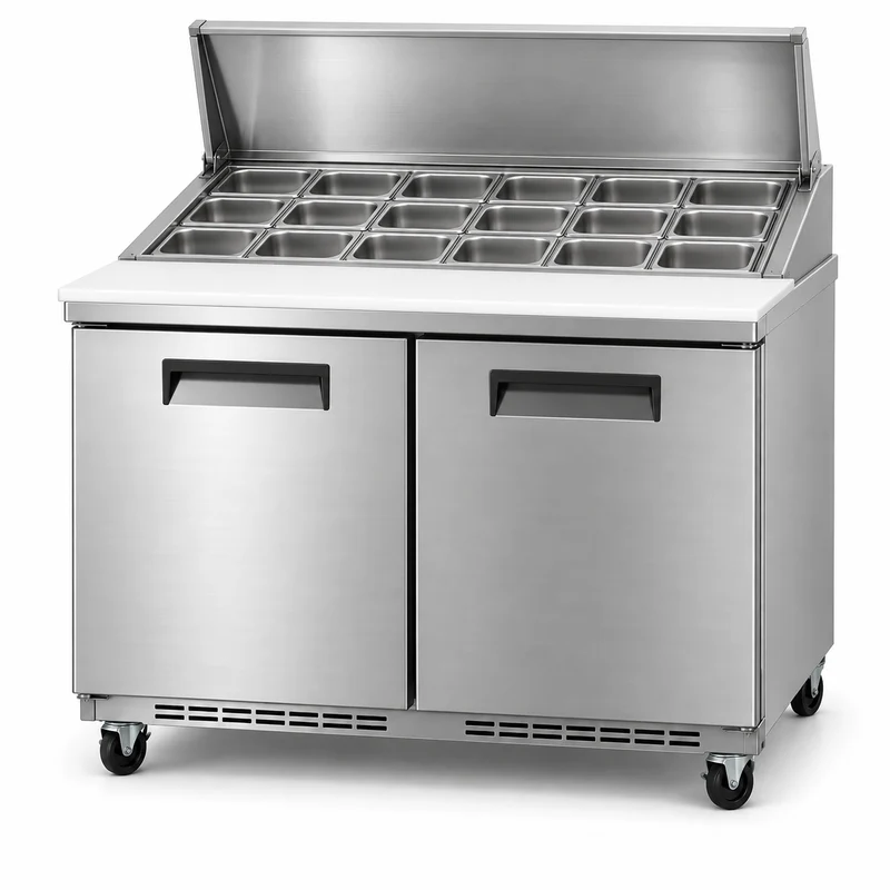 Mega-top refrigerated prep table with an expanded ingredient pan deck