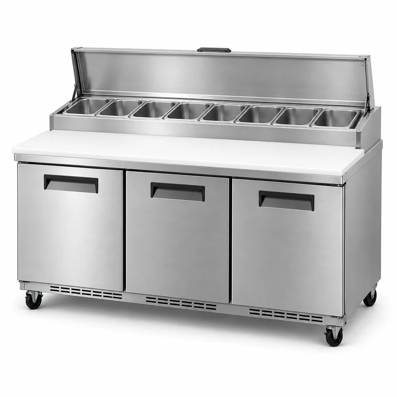 Pizza prep refrigerator with a wide cutting board and raised topping rail