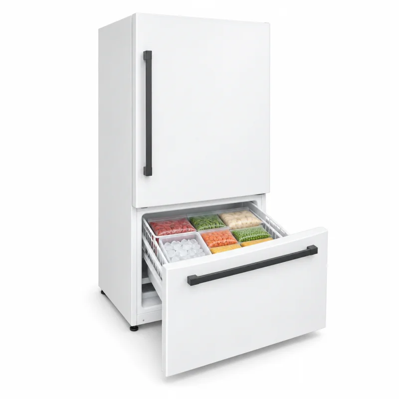 Freezer drawer inside a bottom-freezer refrigerator