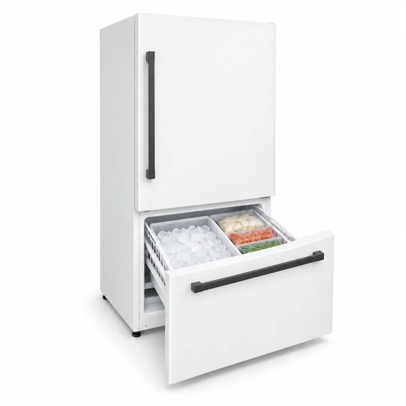 Ice bin in an open refrigerator freezer drawer