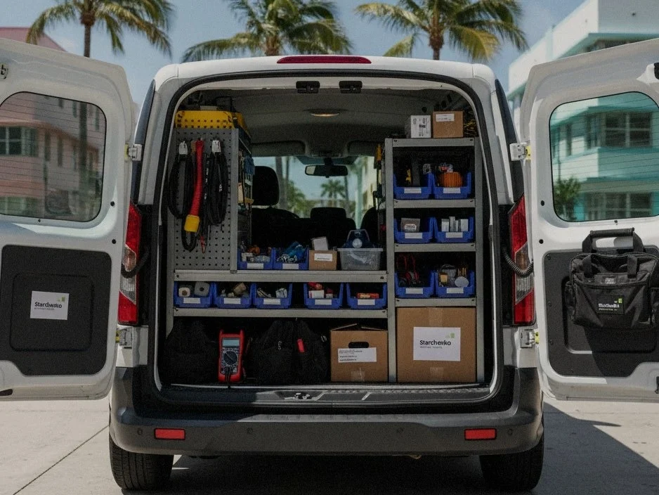 Service van with the rear doors open, parts and tools on the shelves