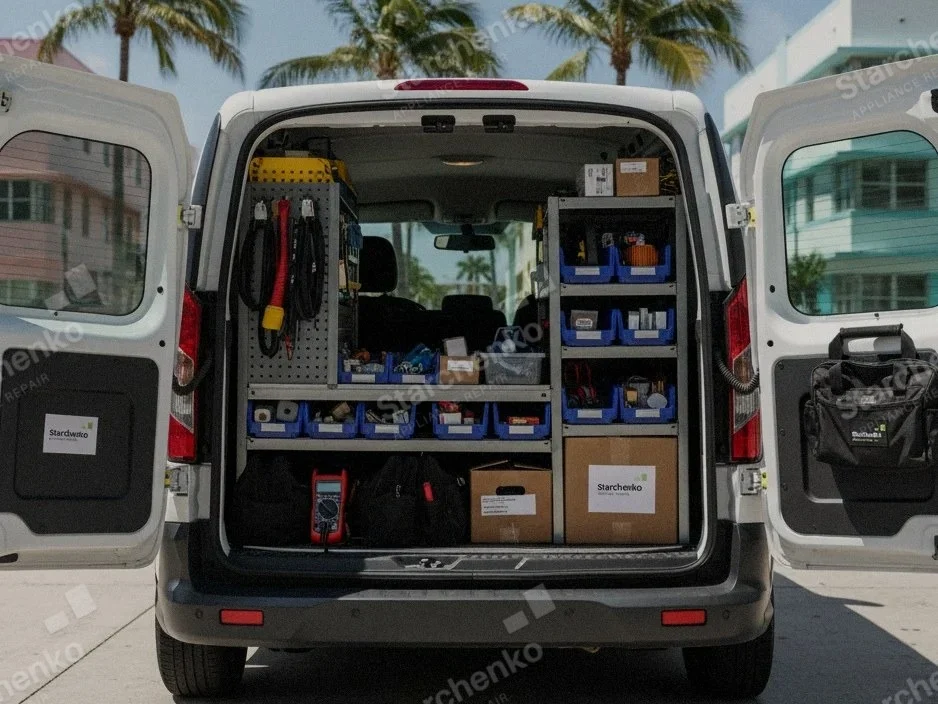 Service van with the rear doors open, parts and tools on the shelves
