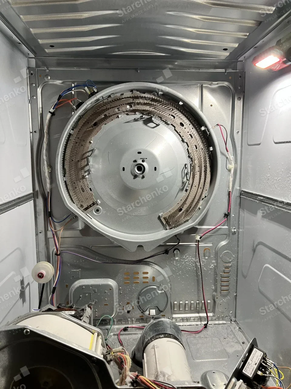 Inside of an Electrolux dryer cabinet with the drum and heater housing exposed