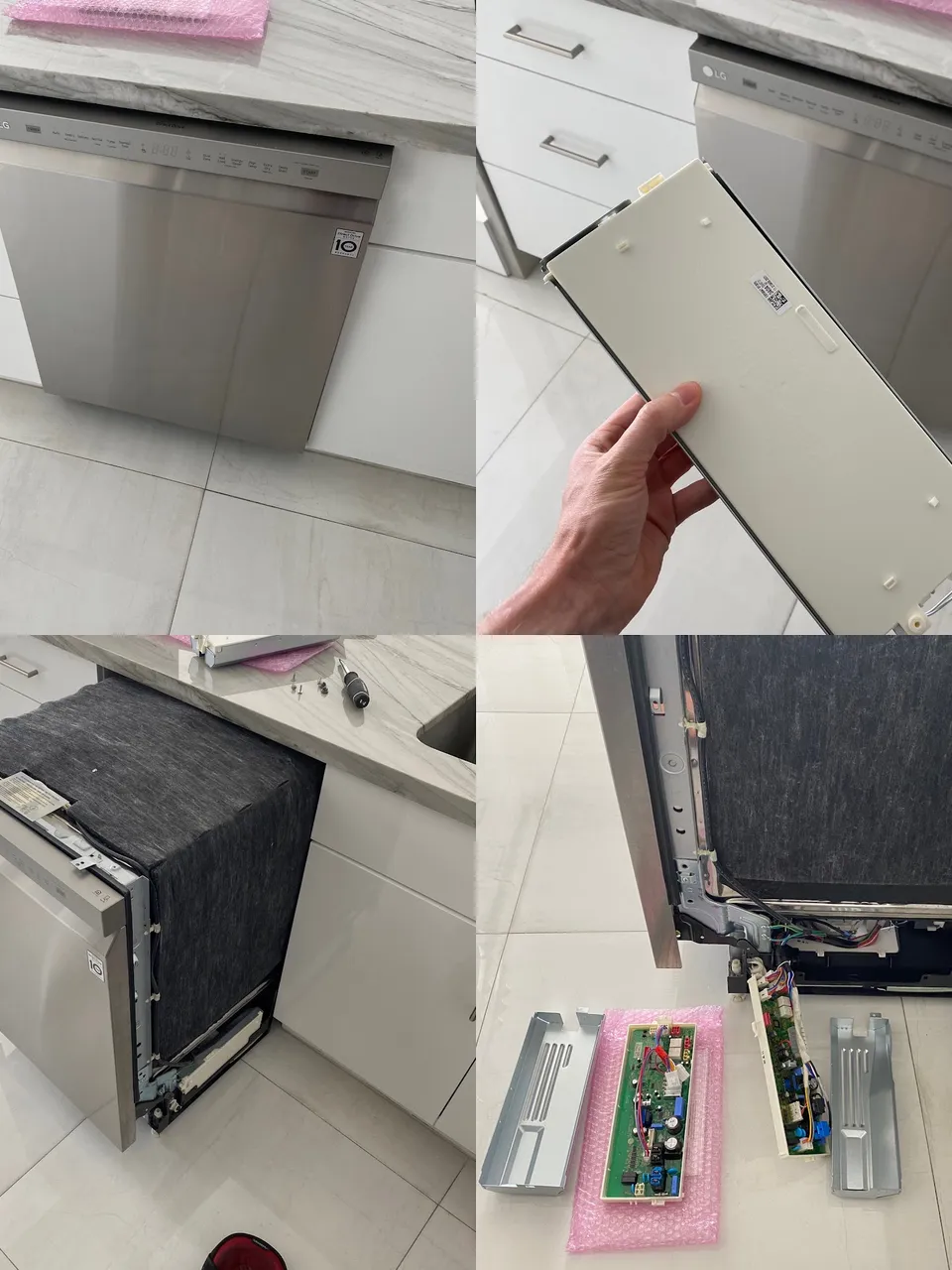 Collage of a dishwasher with the control panel open and the removed control board