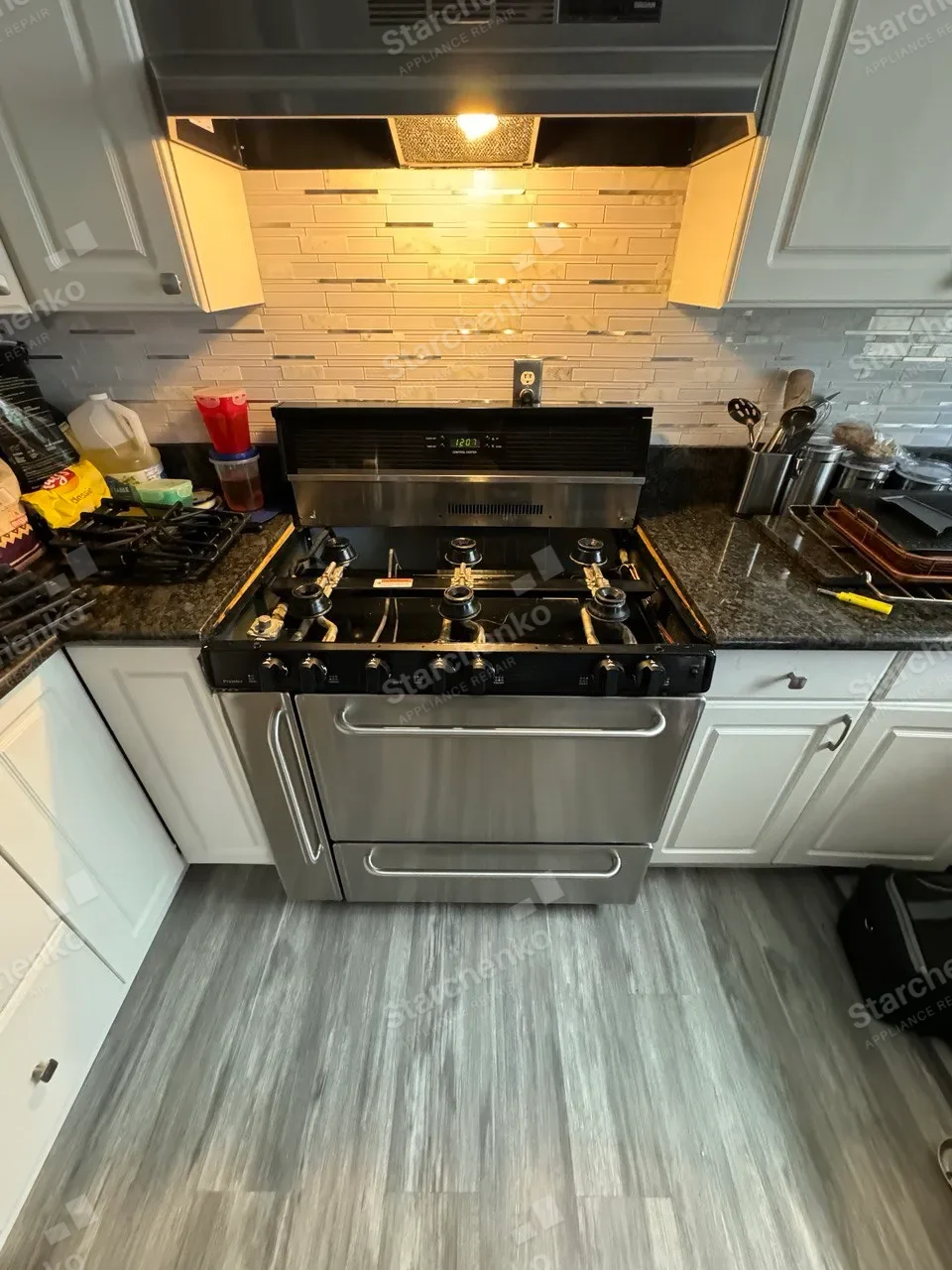 Stainless Premier gas range between kitchen cabinets