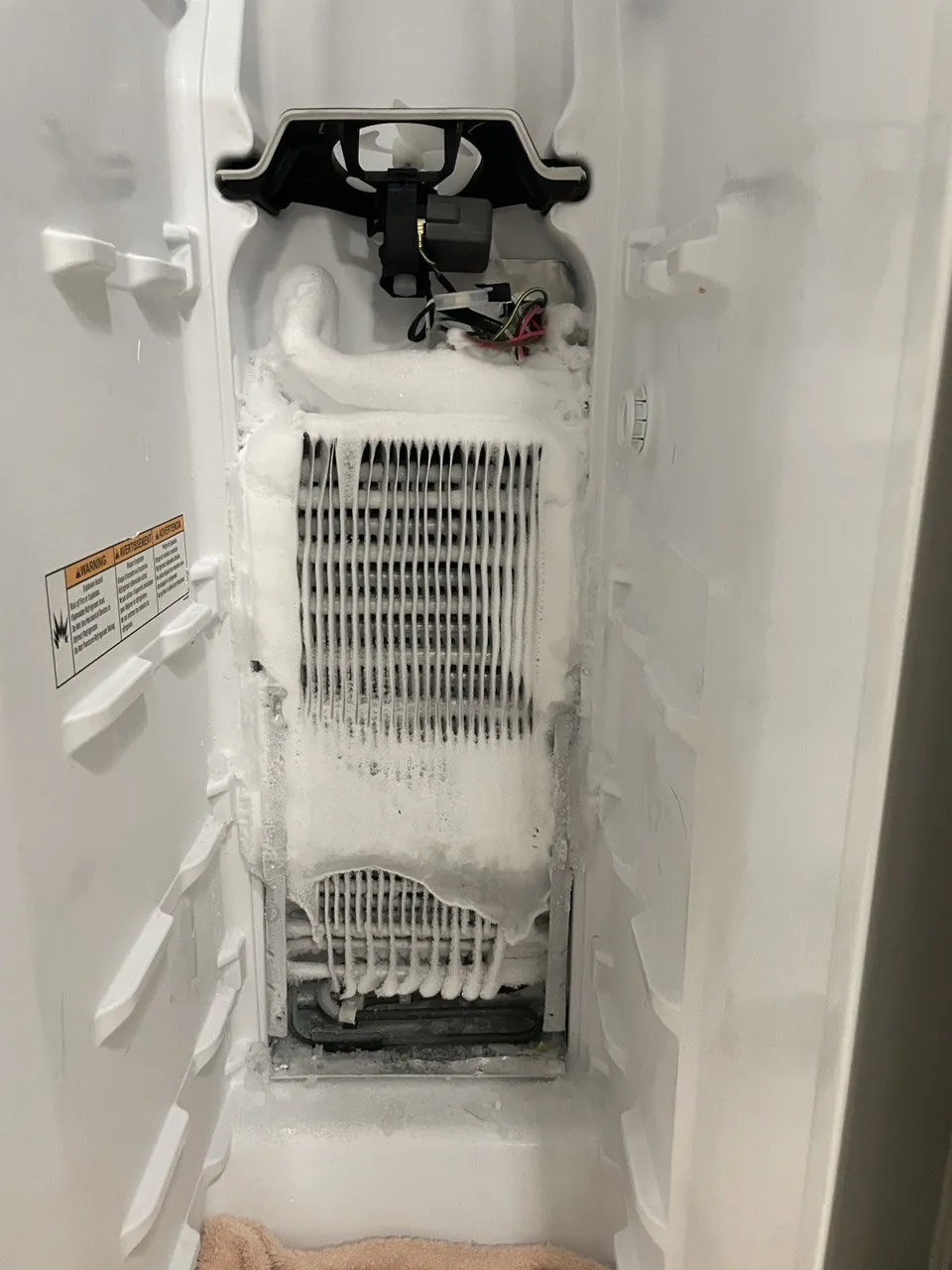 Freezer compartment with the rear panel removed: the evaporator coil
                         is covered in frost
