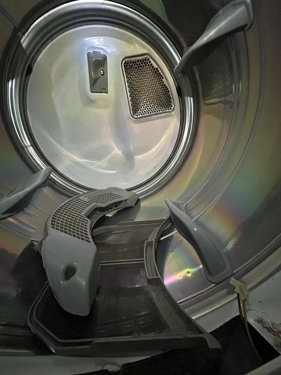 Inside of a dryer drum with the lint screen housing and drum vanes
