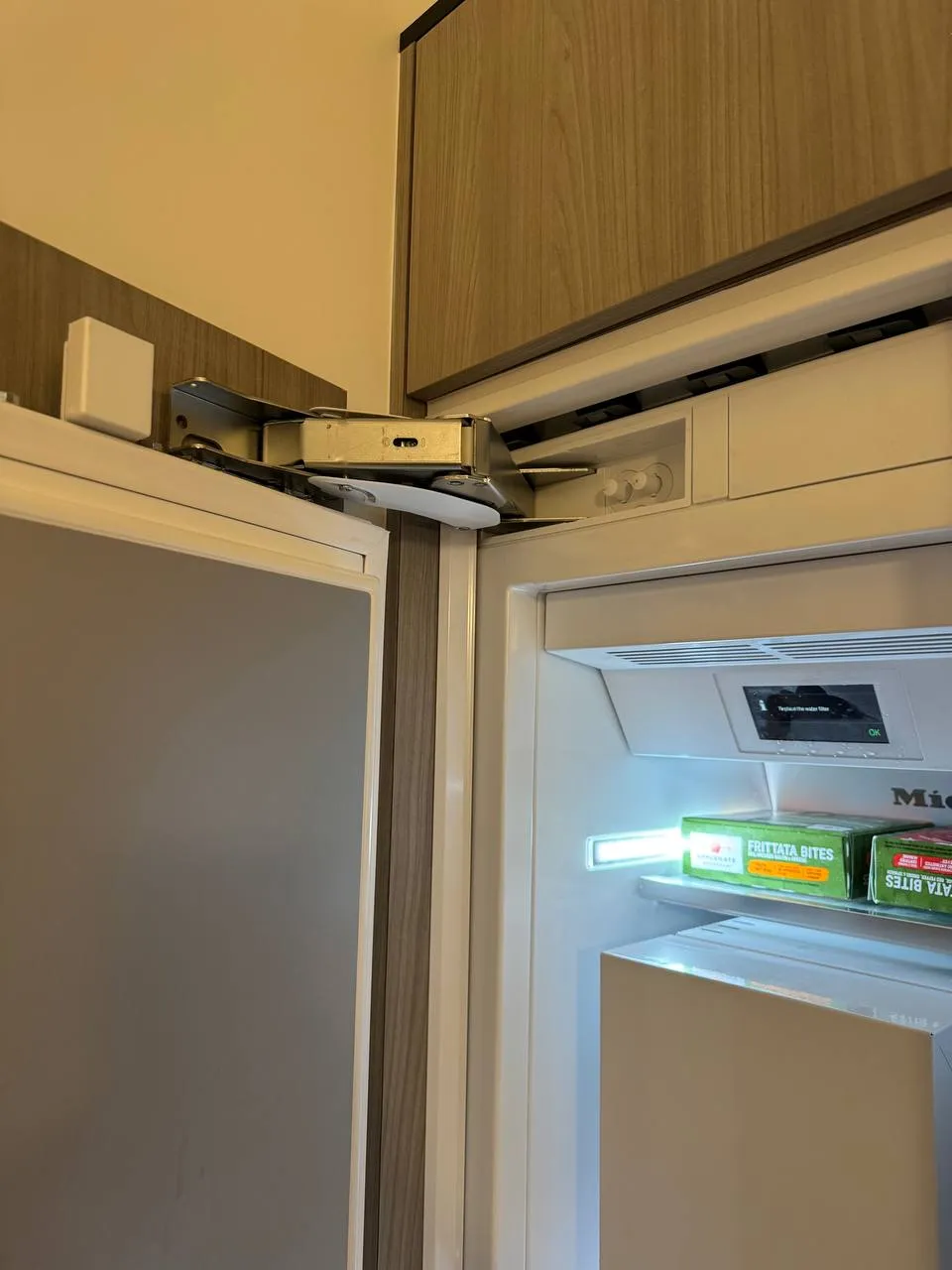 Built-in freezer door open with the top hinge mechanism exposed