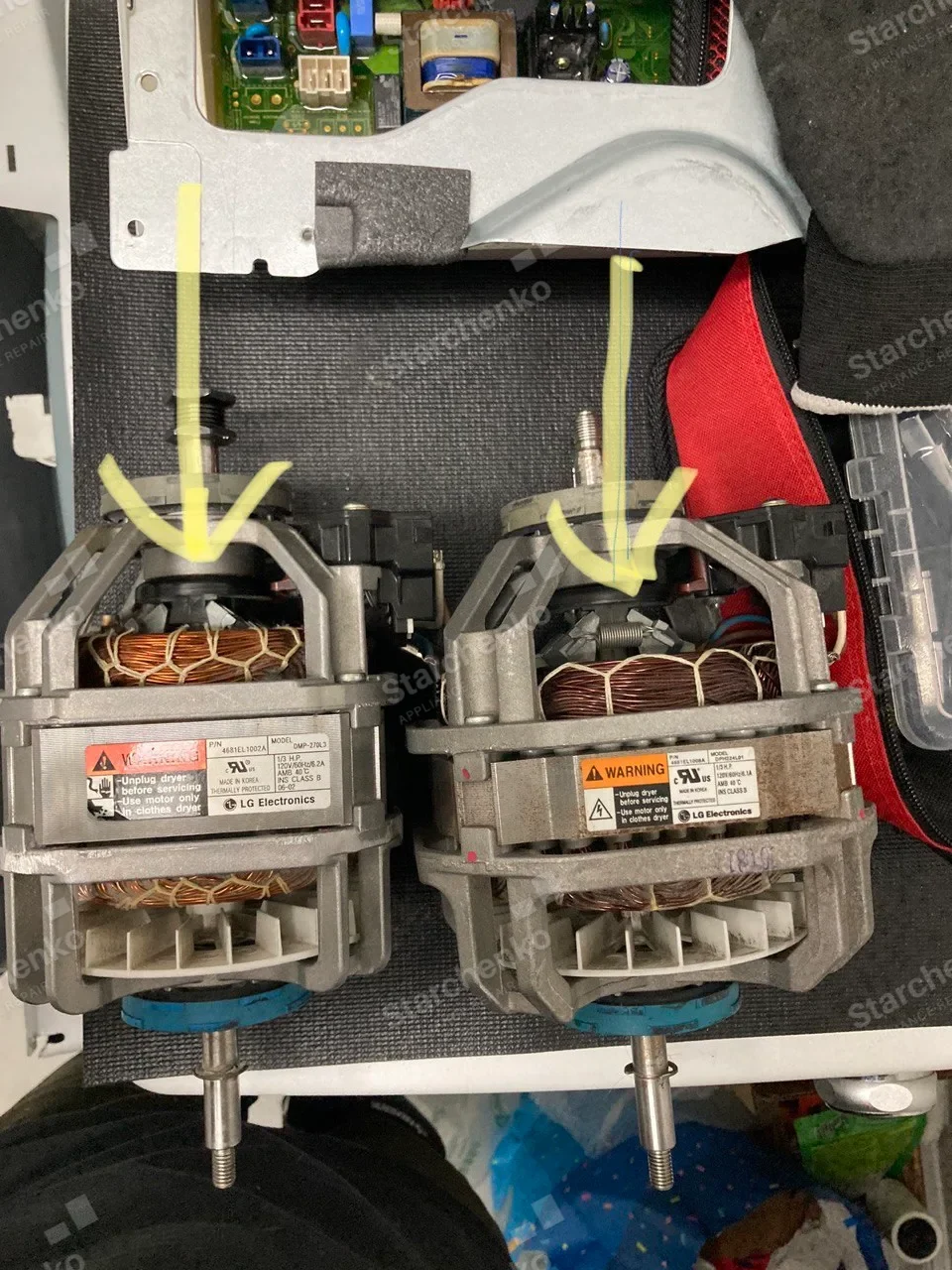 Two LG commercial washer drive motors side by side with replacement marks on their mounts