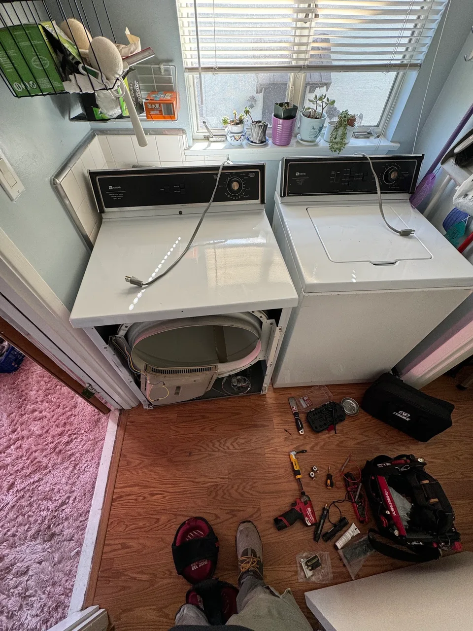Dryer pulled out in a laundry room with its front panel removed