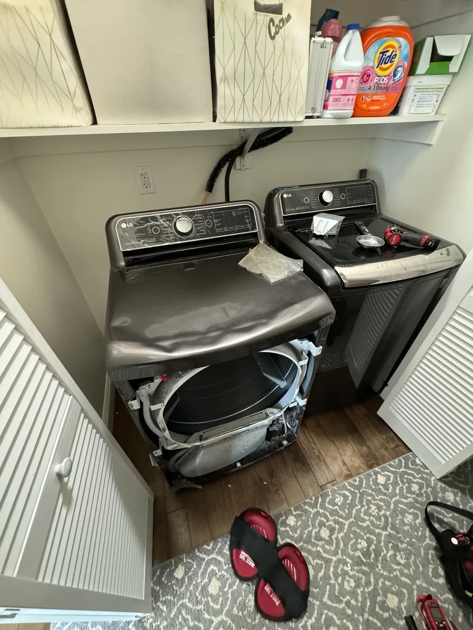Dryer with the front and top panels removed for replacement
