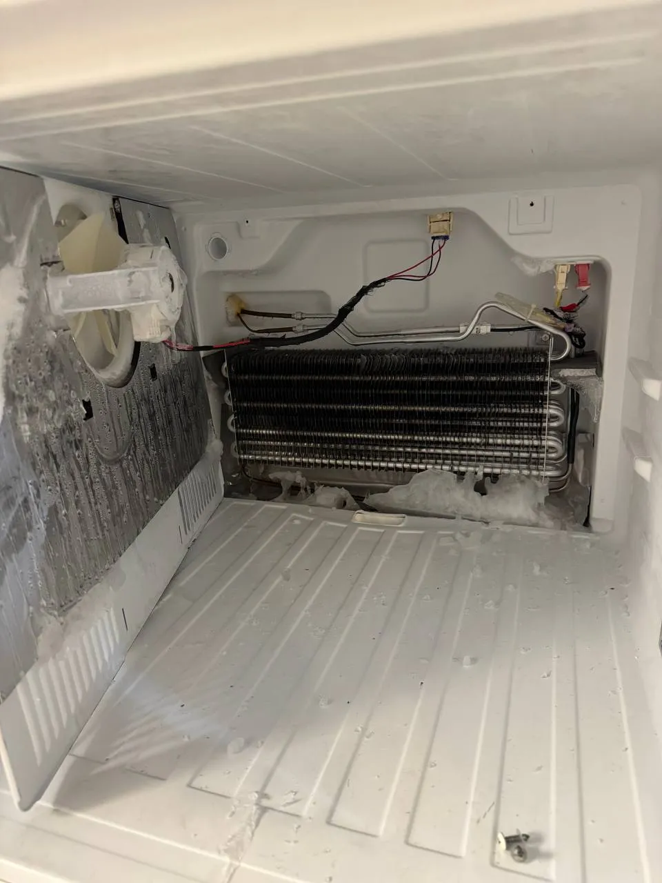 Kenmore refrigerator freezer compartment with the rear panel removed and drain line exposed