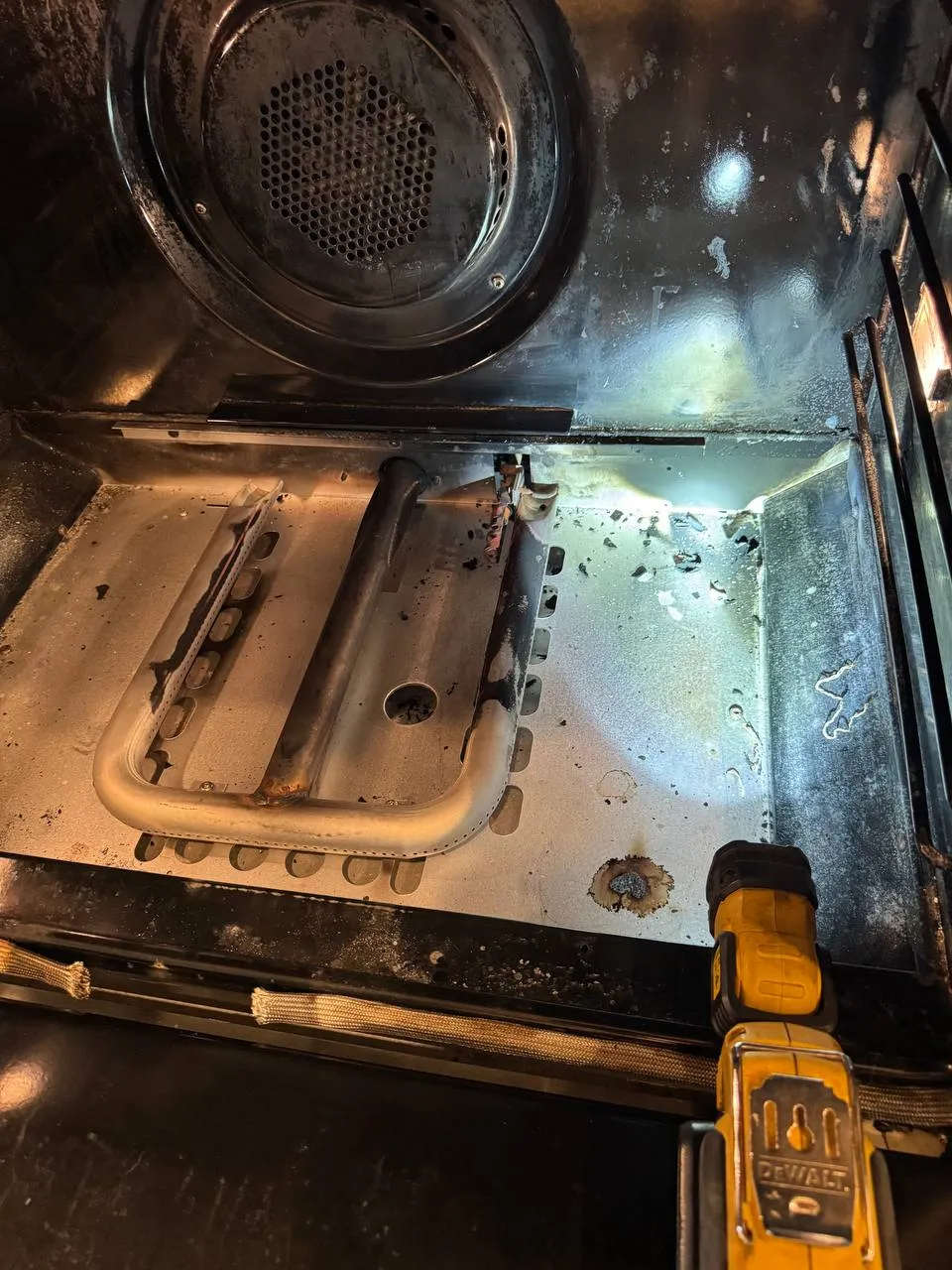 Wolf oven with the door open and lower burner exposed