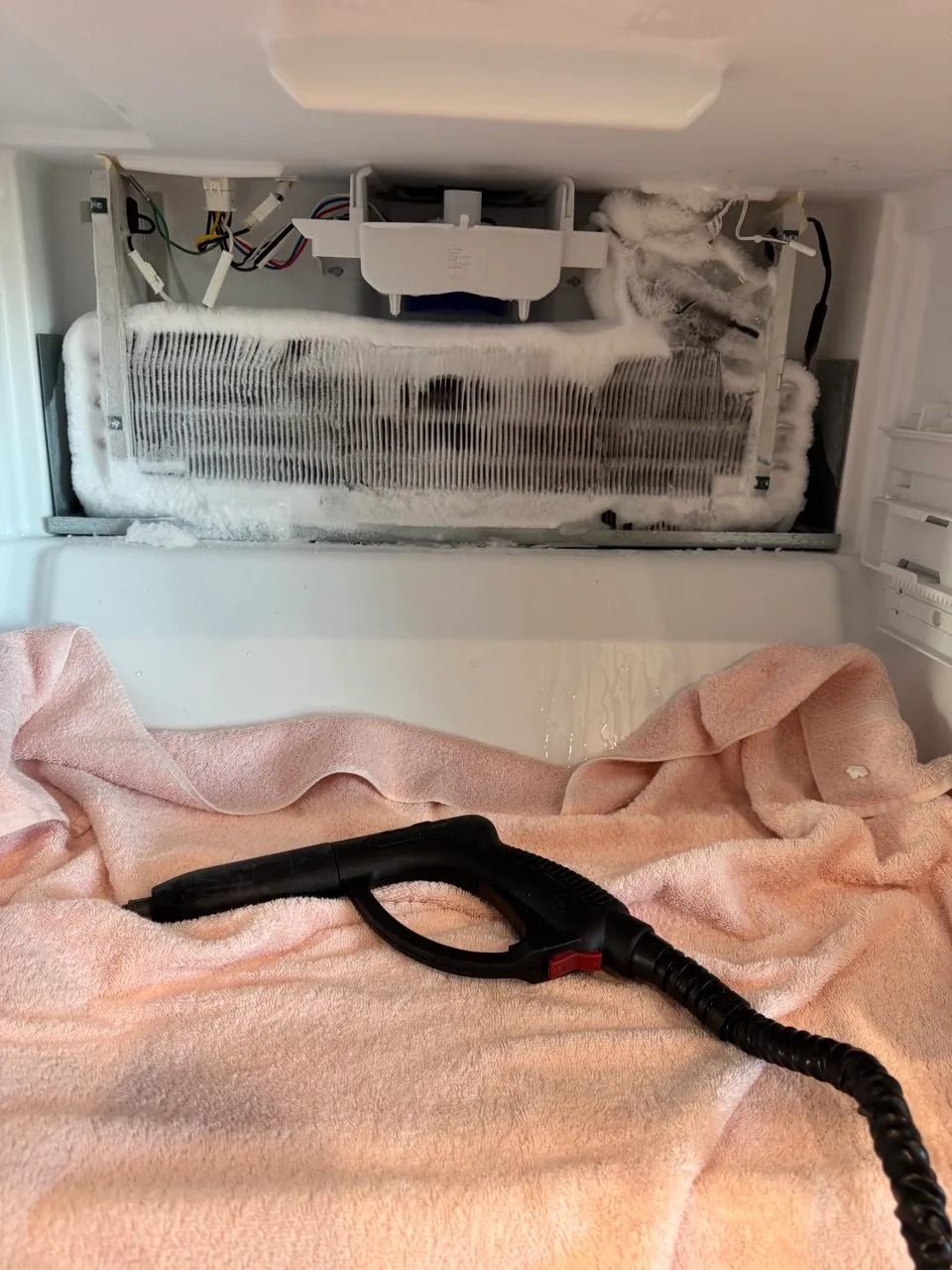 Freezer compartment with the rear panel removed and the evaporator buried in ice