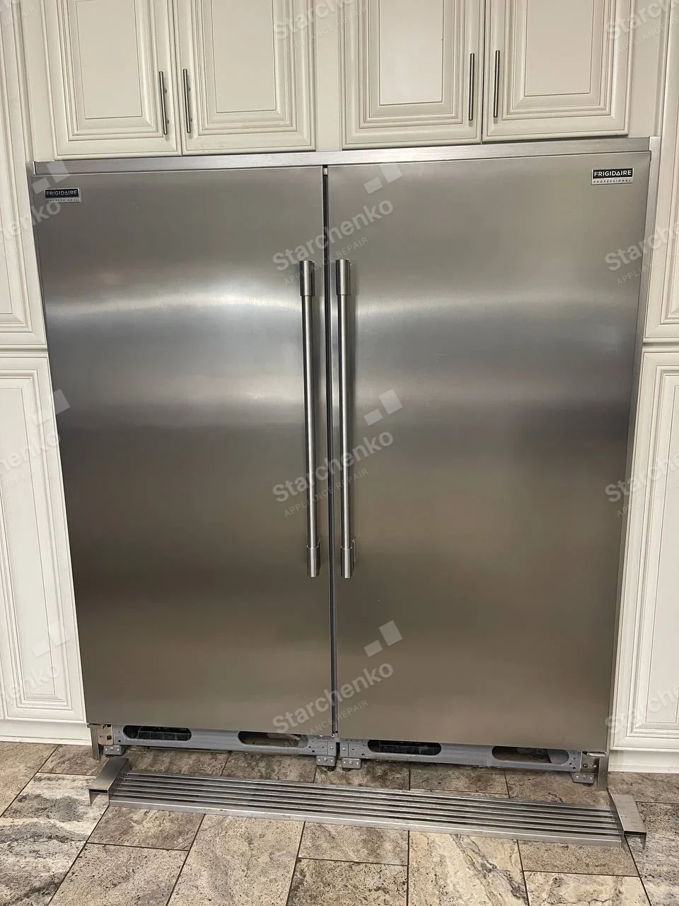 Pair of stainless Frigidaire Professional refrigerator and freezer columns installed side by side.