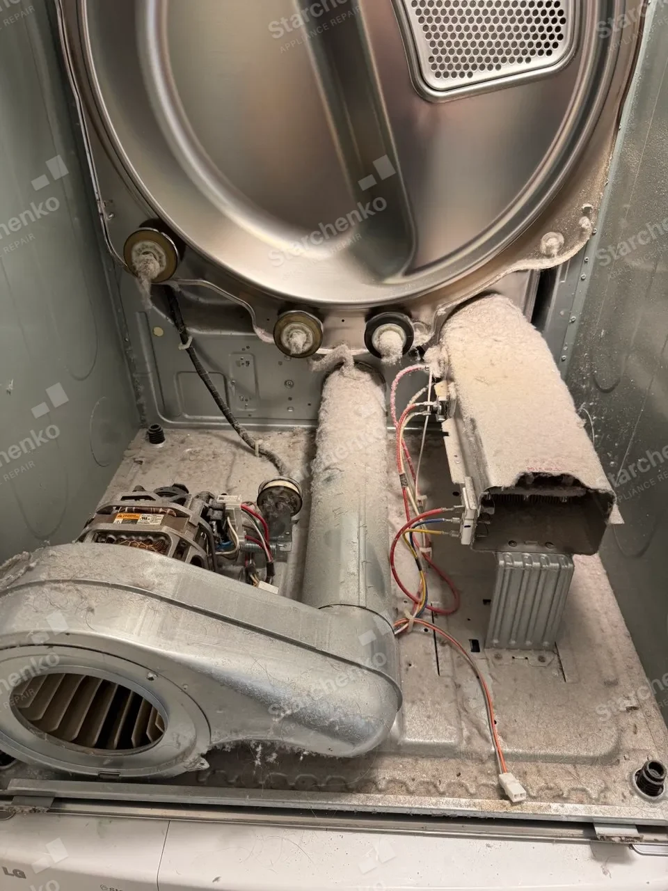 LG inside of a dryer coated in lint around the motor and heat duct